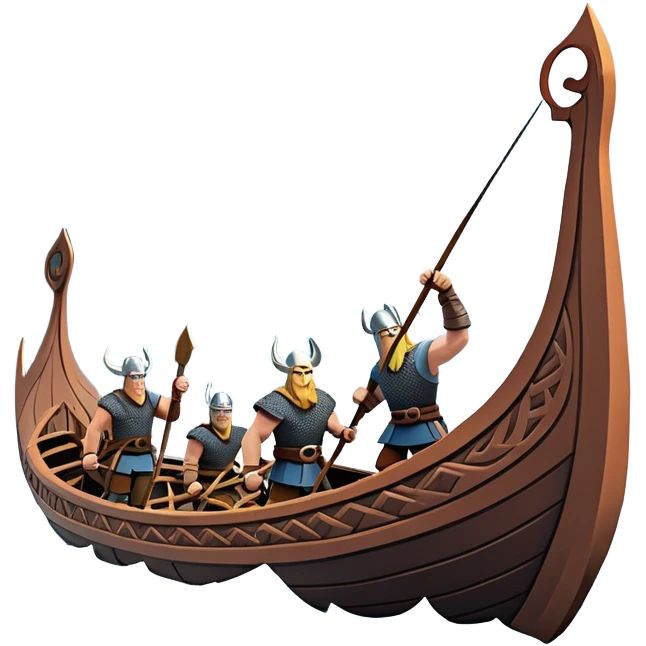 clash-of-clans-aesthetic_-cinematic-viking-longboat, rendered in a flat, bold vector style with minimal shading, featuring a striking dragon-headed prow slicing through icy, churning waters. shields on the side and vikings rowing The longboat’s intricately detailed shields and carved motifs evoke a sense of epic adventure and Nordic might, with billowing sails catching a dramatic, stormy sky backdrop. emoji