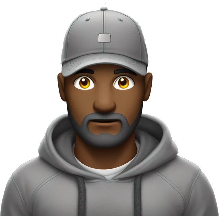 Hombre de tez clara, con ojos claros, barba fina, sin bigote, gorra negra bordada, y sudadera gris. Expresión relajada y estilo urban emoji