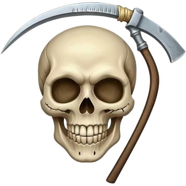 A laughing skull with a scythe crossed behind it, one eye socket winking. Clean, stylized lines, flat vector. Medieval woodcut style. Black and white with one accent color (tarnished silver). No background. emoji