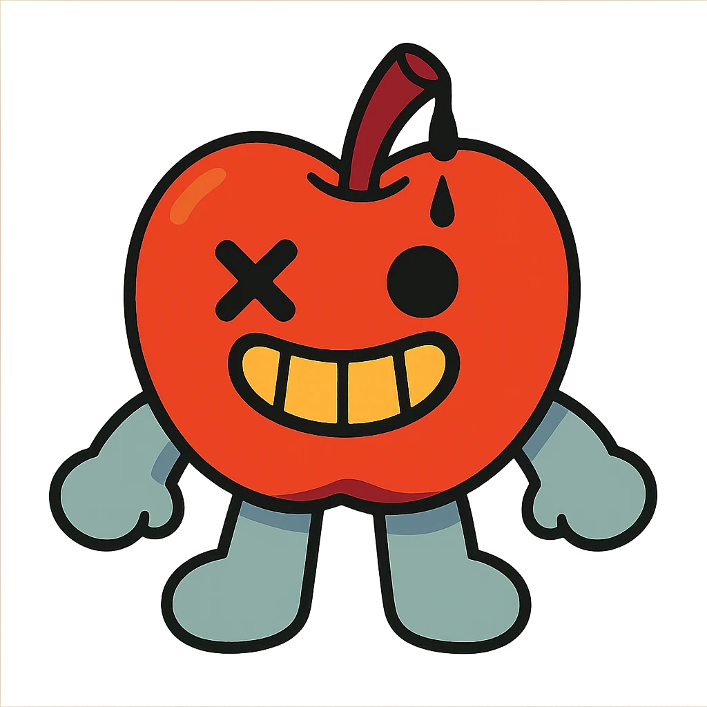 plush apple character with light grey limbs, left eye is an X, ichor coming out of stem without leaf, wide grin emoji