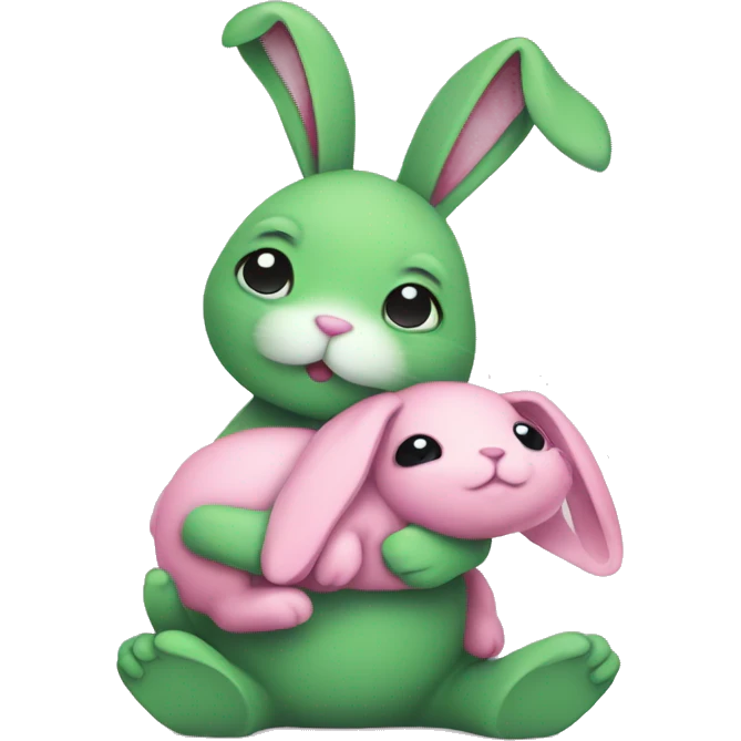 Green bunny hugging pink bunny emoji
