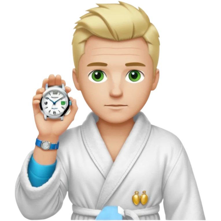 A white man with green eyes, medium-length blond hair in a low mohawk, a blue Cartier watch on his wrist, and a luxurious bathrobe. emoji