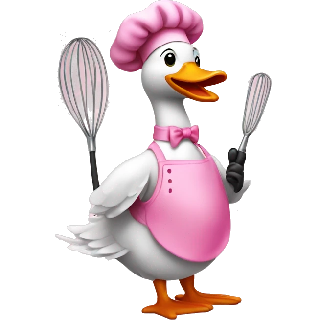 A goose dressed like a pink chef with one whisk in his hand emoji