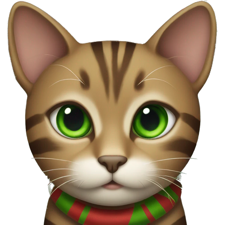 Brown striped cat with green eyes under a Christmas tree emoji