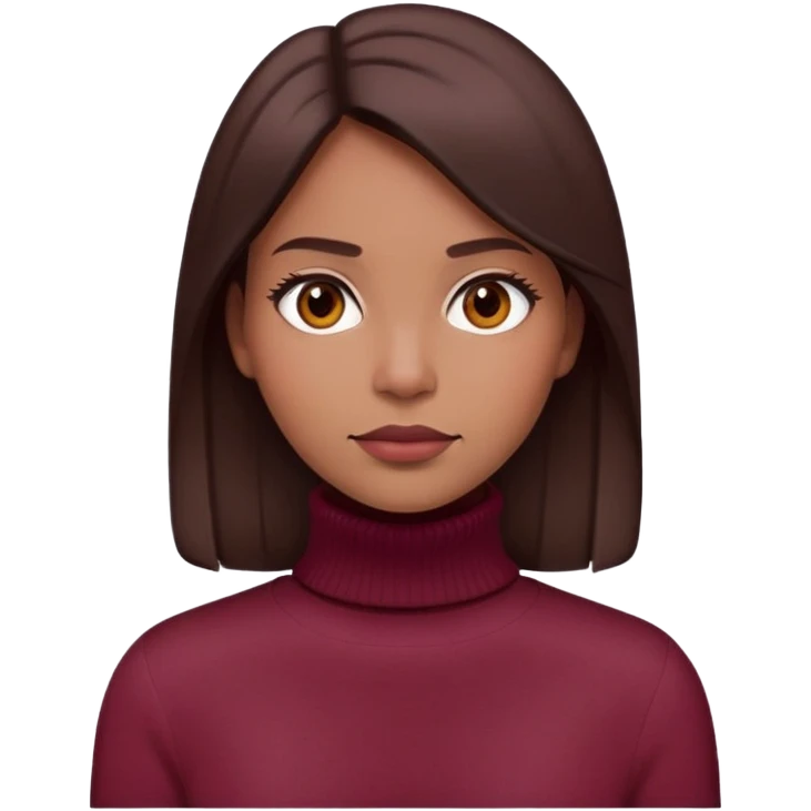 Portrait emoji of a woman with straight dark brown hair, wearing a burgundy turtleneck sweater. Calm expression, natural makeup, minimalistic and modern look." emoji