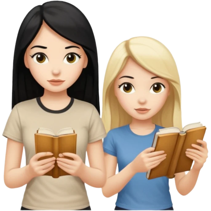 beautiful white girl with black hair in beige t-shirt and beautiful blonde with long hair in beige t-shirt reading beautiful vintage book emoji