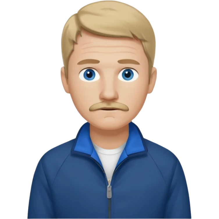 Coach Heider from Mysterious Skin with blue eyes, dark blonde hair and thin mustache, dark blue shirt, white jacket emoji
