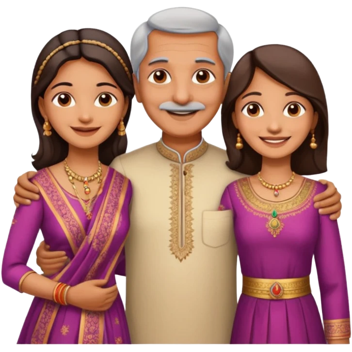 Indian family with a 70 years old father and mother and a 40 years old daughter. They wear a traditional dress. They are smiling. emoji
