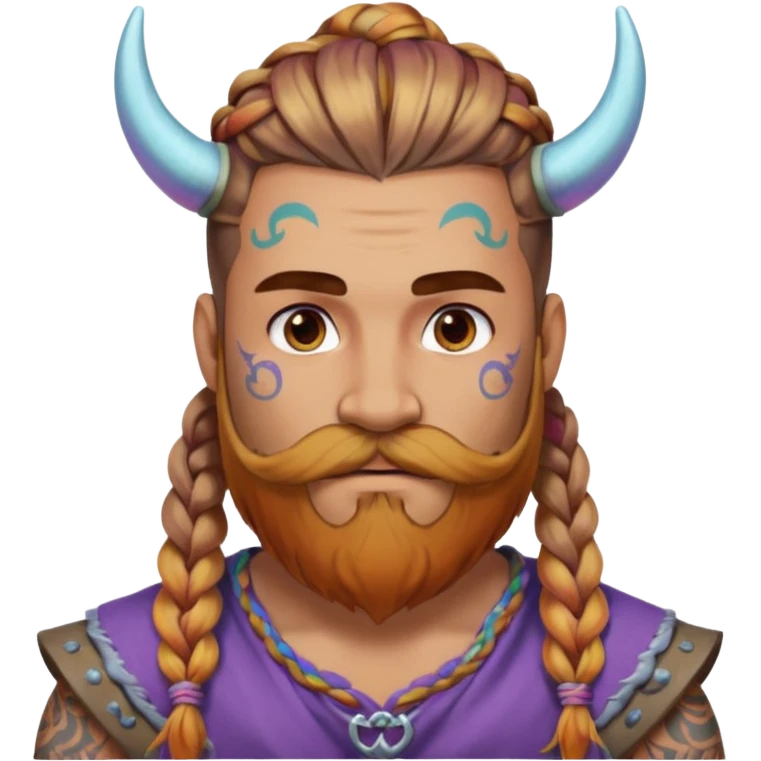 big lose braids starting from the top sides of the head hair like a unicorn man with mustache face wiith big visible loose only two braids and lots and lots of colored face tattoos colored tattoos like a tattoo artist hair unique color and beard viking  emoji