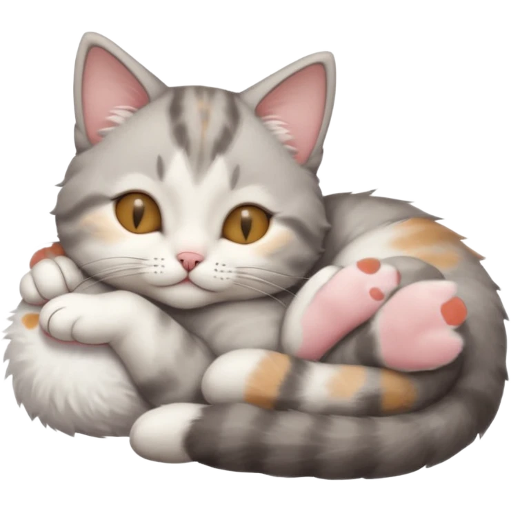 grey and white small cat with eyes closed lying down upside down with its head resting own paw emoji