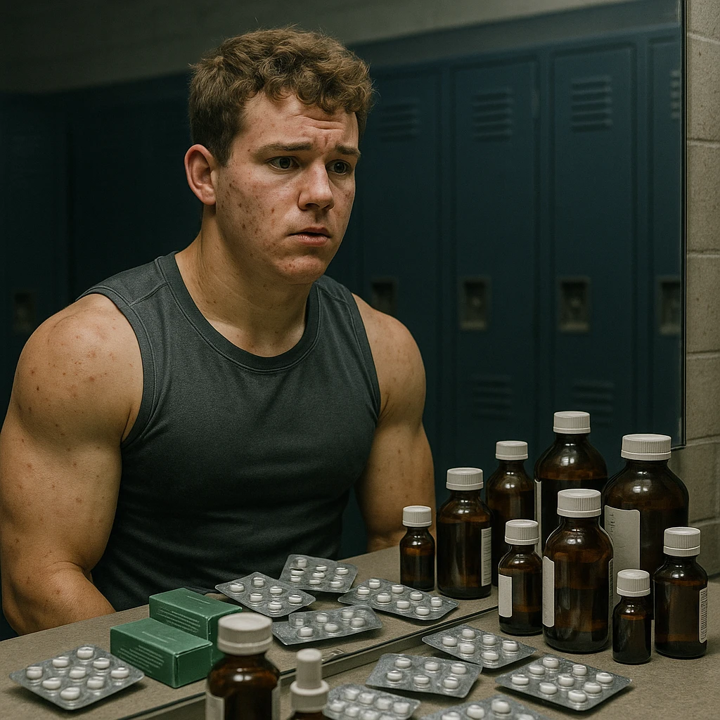 realistic young athlete in front of mirror, surrounded by bottles and blister packs of drugs, uncertain expression, skin marked by acne and swelling, confused atmosphere, locker room background, 4K quality emoji