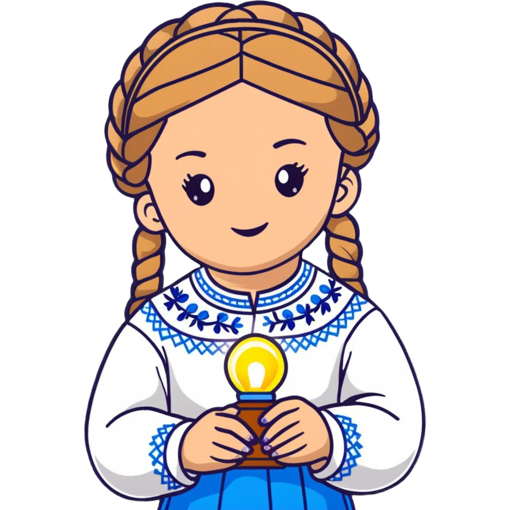 Young Ukrainian girl with braided hair in white traditional embroidered Ukrainian vyshyvanka shirt holding a small glowing light representing the soul emoji