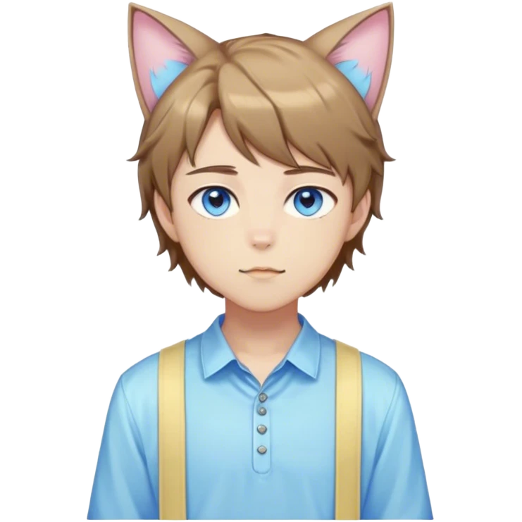 Pastel effeminate young femboy man with brown shiny hair, brown cat ears, pastel yellow blouse, blue eyes, cute, gorgeous, anime, catboy, full body emoji