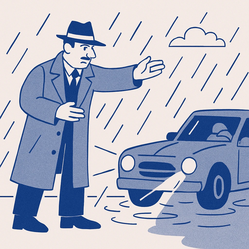 Italian gangster in long suit guiding a car in the rain emoji