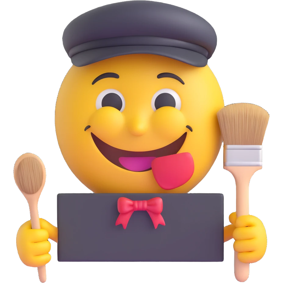 3D smiley emoji, round shape, painter: painter hat, holding brush and palette, funny face emoji