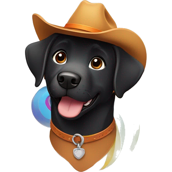 disney pixar smiling black labrador with brown cowboy hat and orange collar flying over there rainbow  emoji
