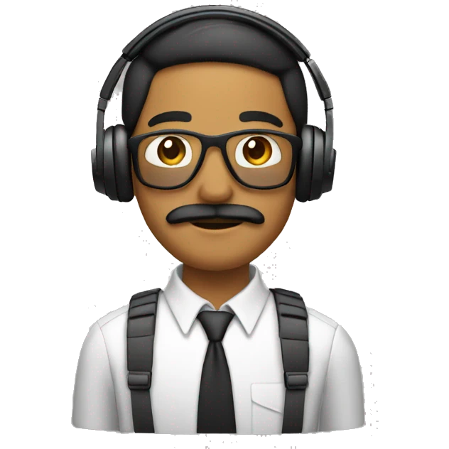 Make a brown man with mustache and with wired headphones and a computer and wearing a shirt  emoji