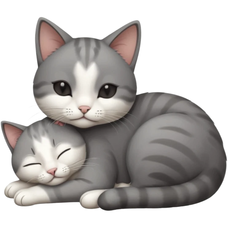 dark grey and white small cat with his eyes closed, leaning his head on his paw while leaning on his elbow lying down emoji