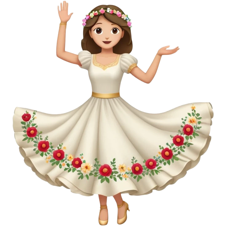Moon face dance with a dress with flowers in its hands and the hand is up emoji
