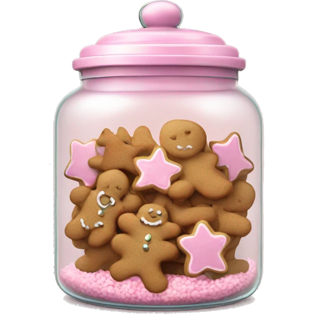 Realistic glass cookie jar with light pink lid full of gingerbread cookies isolated.  emoji