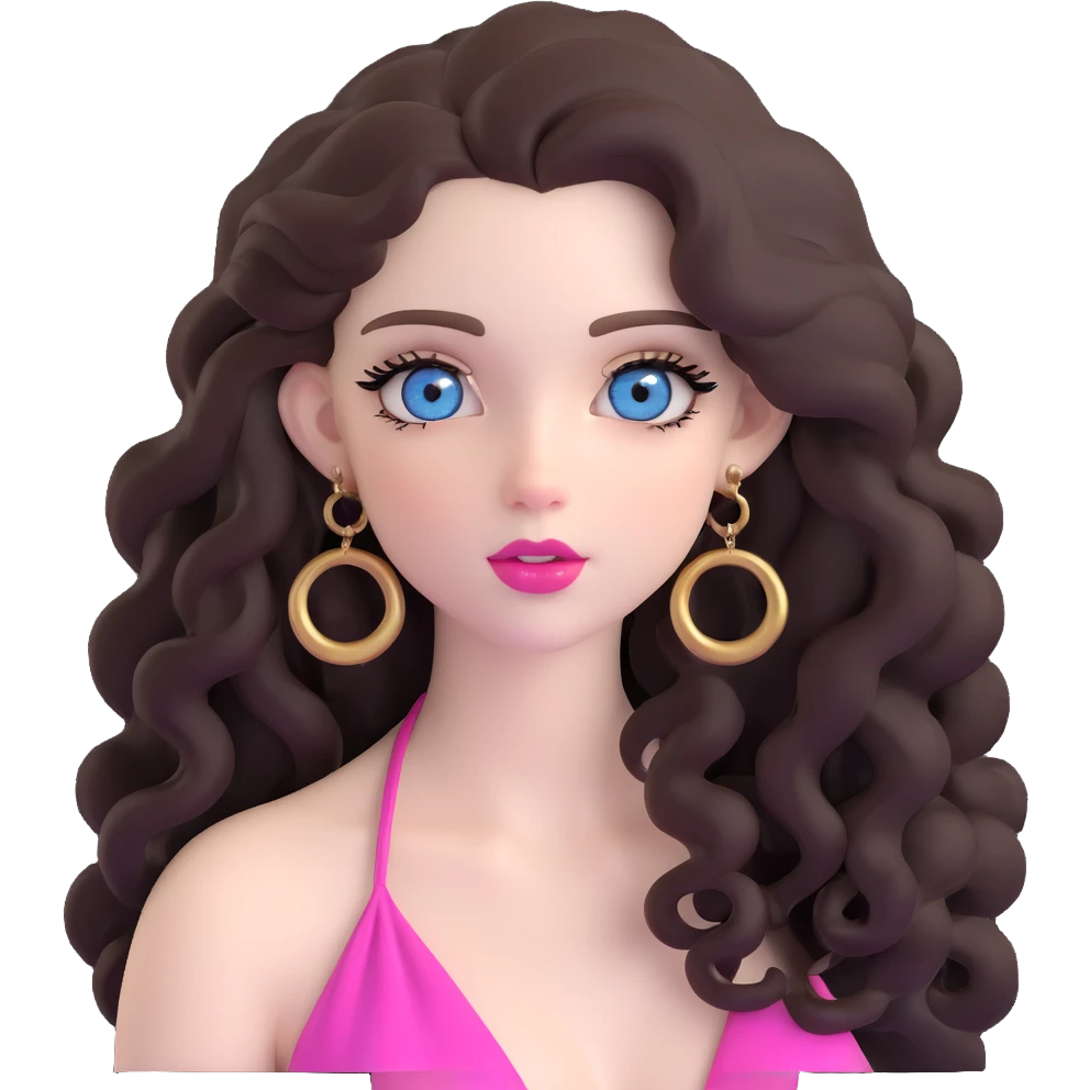 beautiful girl with big blue-grey eyes, long lashes, pale skin, pink lips, long voluminous dark brown curls, gold hoop earrings, silky halter top emoji