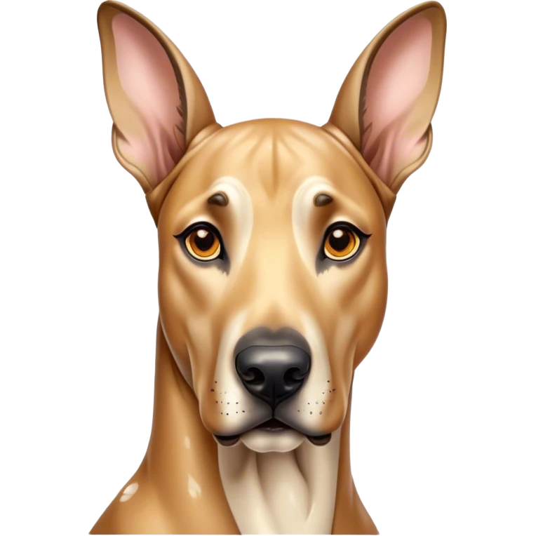 Cinematic Cute Fawn Great Dane Portrait Emoji, Head tilted playfully and inquisitively, showcasing a glossy fawn coat with a subtle luster, round, sparkling amber eyes filled with curiosity, Simplified yet irresistibly adorable features, highly detailed, glowing with a warm, friendly glow, high shine, affectionate and gentle, stylized with a touch of whimsy, bright and endearing, soft glowing outline, capturing the essence of a mischievous yet loving pup, so playful it feels like it could lumber out of the screen and into your arms! emoji