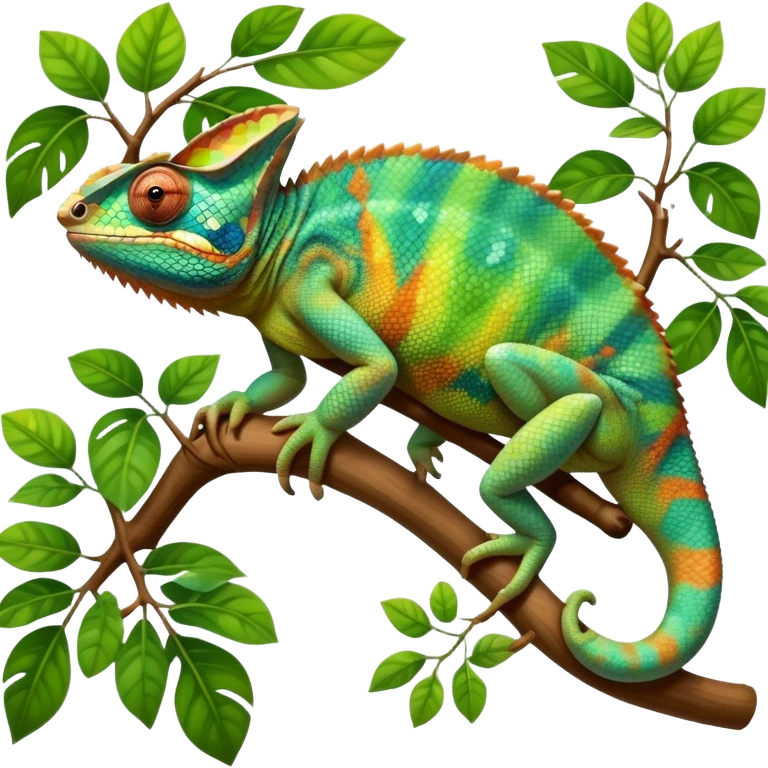 Giant chameleon on a branch, blending with vibrant greenery. Detailed scales in shifting colors, showing the chameleon’s ability to camouflage. Soft natural light highlights its texture. Nature background with leafs aтв адщцукы. Lush jungle background with vivid foliage, transparent background. emoji
