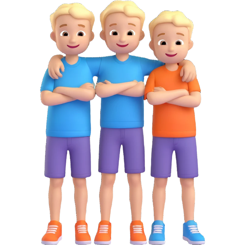 Two cartoon-style boys with similar features, arms around each other's shoulders, smiling, matching outfits, standing close, white background, emoji style emoji
