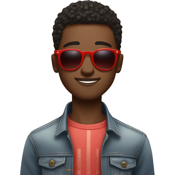 young black man with short textured hair, wearing large round red-tinted sunglasses. He is giving a playful wink, with one eye closed and the other slightly squinted behind the sunglasses. A small, confident smile curves at the corner of his lips, emoji