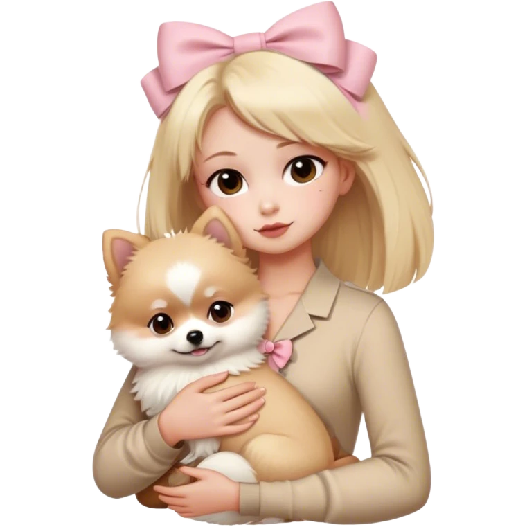 Blond girl with old money beige outfit white brown eye skin with boy brown hair brown eyes hugging white Pomeranian with light pink bow ponerania another pomerania red brown emoji