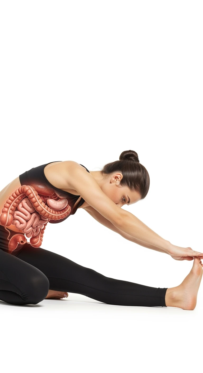 donna che fa stretching con intestino umano anatomico in evidenza, realistica 4k sfondo bianco emoji