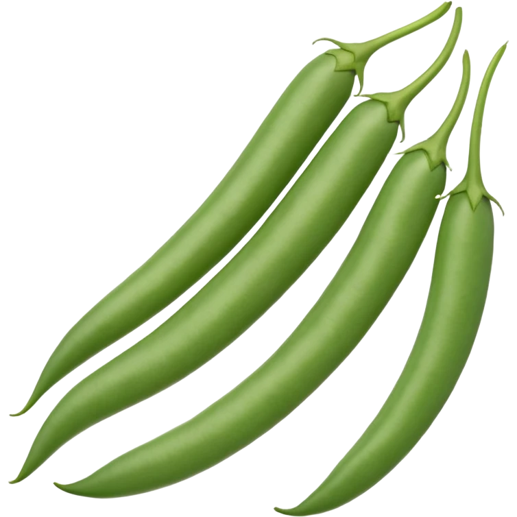 2 to 4 whole green beans (haricots verts), slightly curved, smooth vibrant green skin, pointed ends, fresh and crisp, subtle sheen, natural texture, tiny stem tips, no leaves, no plate, transparent background, emoji scale emoji