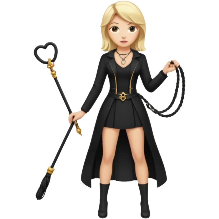 Dominatrix with blonde hair, black outfit, long key necklace, and a whip emoji