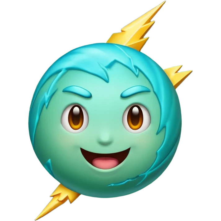Uranus planet emoji in Apple-style, blue-green color with visible rings, big playful and excited face, large clearly visible bold lightning bolt, bursting with electric chaotic unexpected energy, highly expressive and fun features emoji