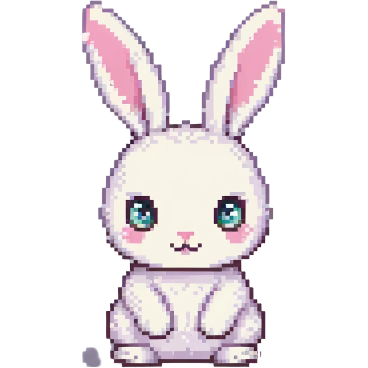 pixel art of a white bunny facing forward, sitting on a grassy field, large eyes, pink nose, round body, soft and gentle look, simple flat colors, only grass as background emoji