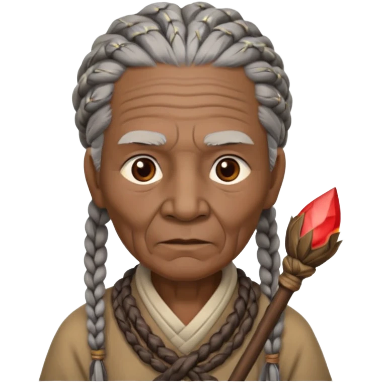 An elderly tribal leader with gray braids, wooden staff, and warm wise eyes.
 emoji
