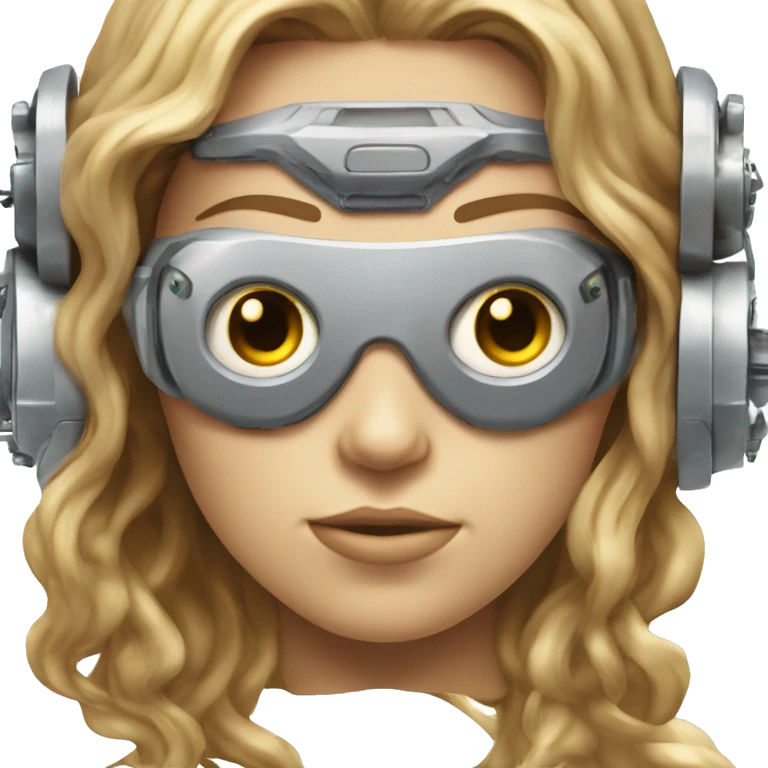 female cyborg head, fair skin, Brown long hair with blonde steaks, space age goggles and circuits emoji