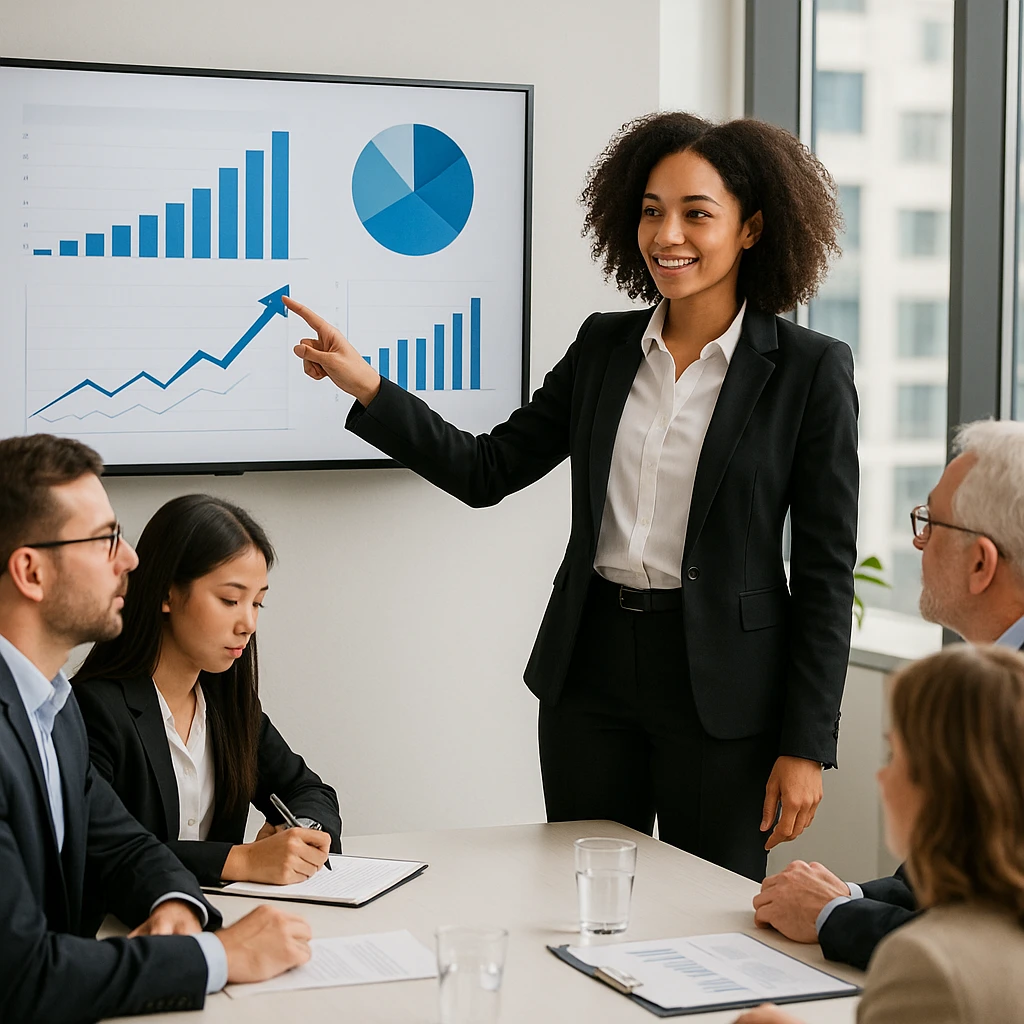 A mixed race girl CEO giving a presentation, pointing at a screen, surrounded by colleagues, symbolizing corporate success. emoji