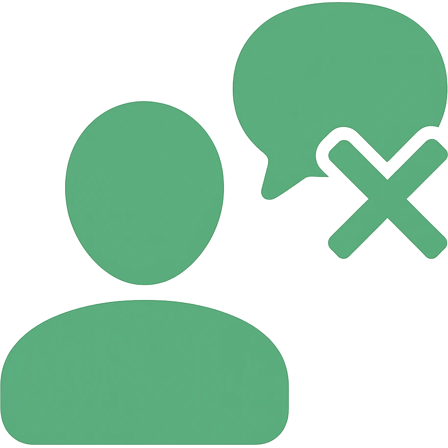 Disengaged user silhouette with a crossed-out chat bubble in flat color icon style, green color variation, no background. emoji