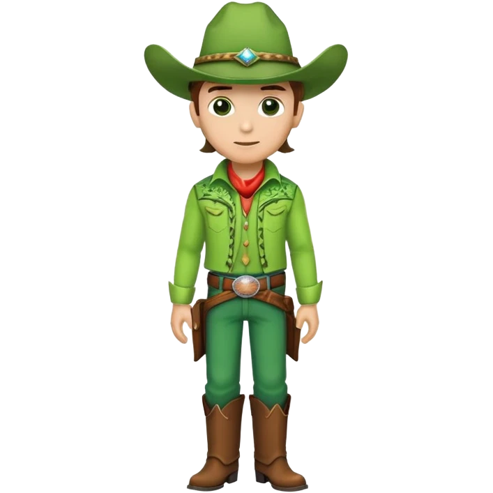 Cowboy wearing a bright green outfit and green cowboy hat, western style emoji