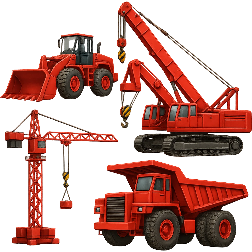 Add more large machinery, cranes, and equipment to the Soviet heavy equipment plant in emoji style, with no background. emoji