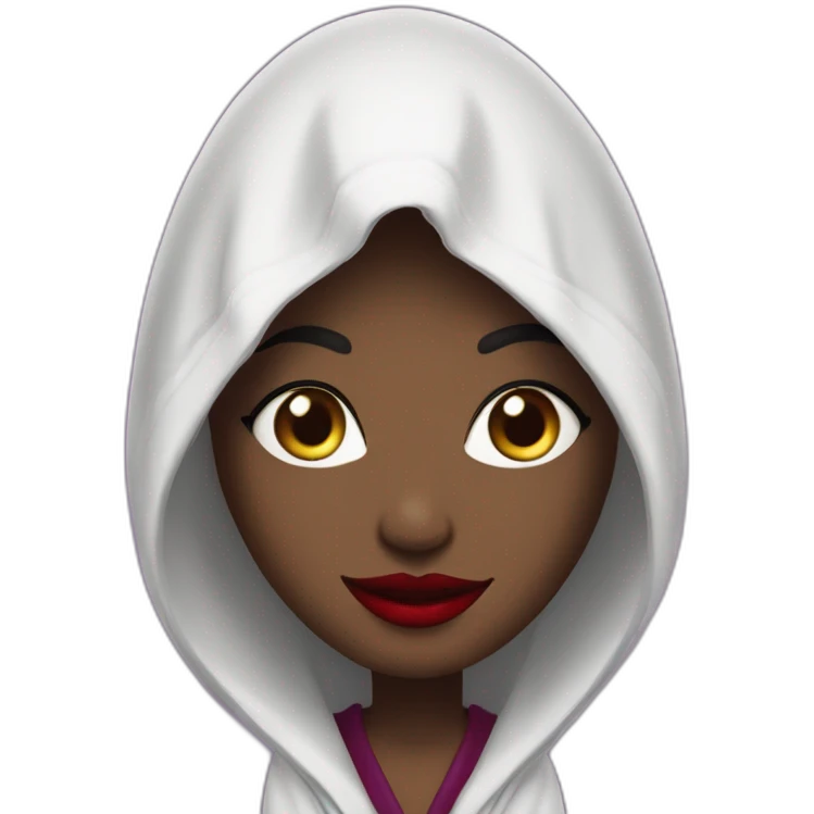 Goddess, purple hodded robe, eyes covered, red lips, wicked grin emoji