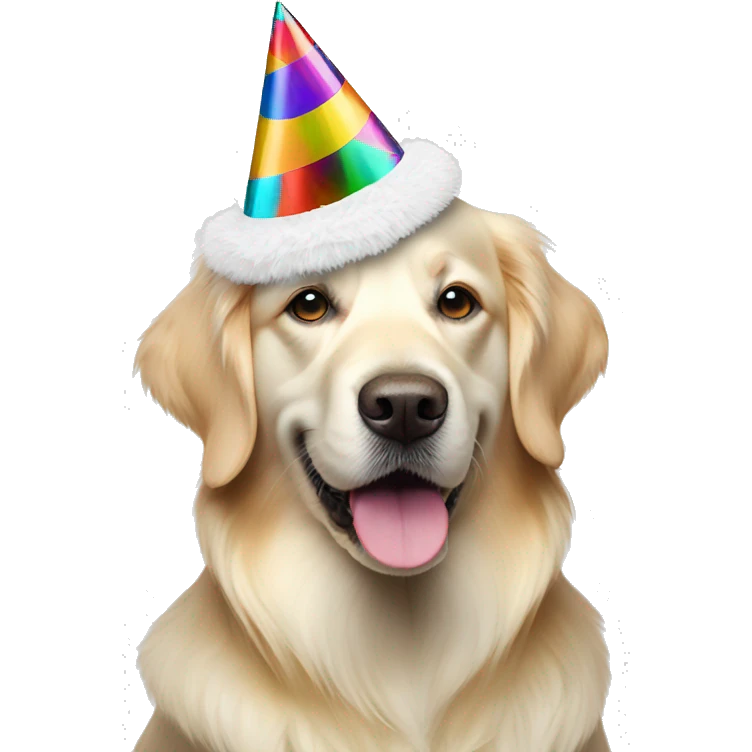 White golden retriever wearing multicolor party hat emoji