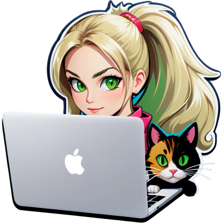 Blonde woman ponytail green eyes with cat and MacBook emoji