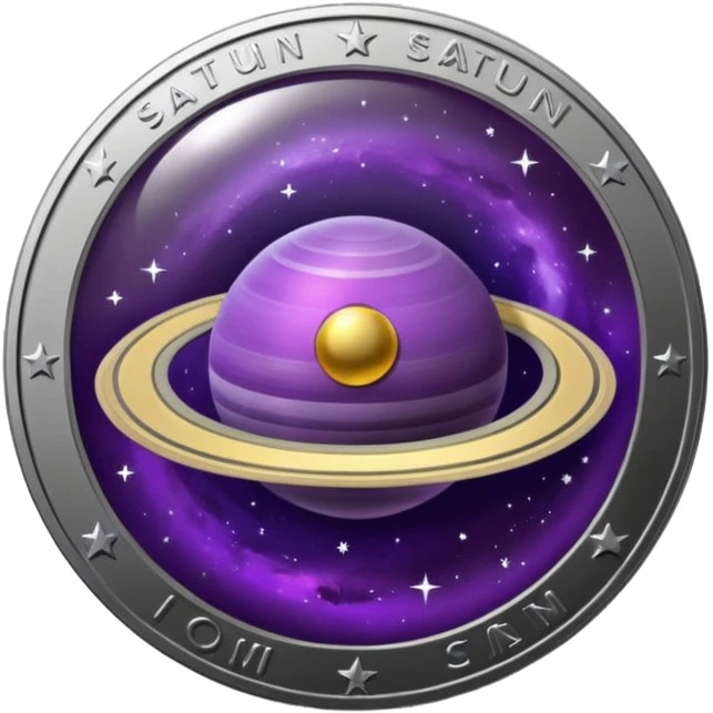 a space-themed coin with a purple saturn on it emoji