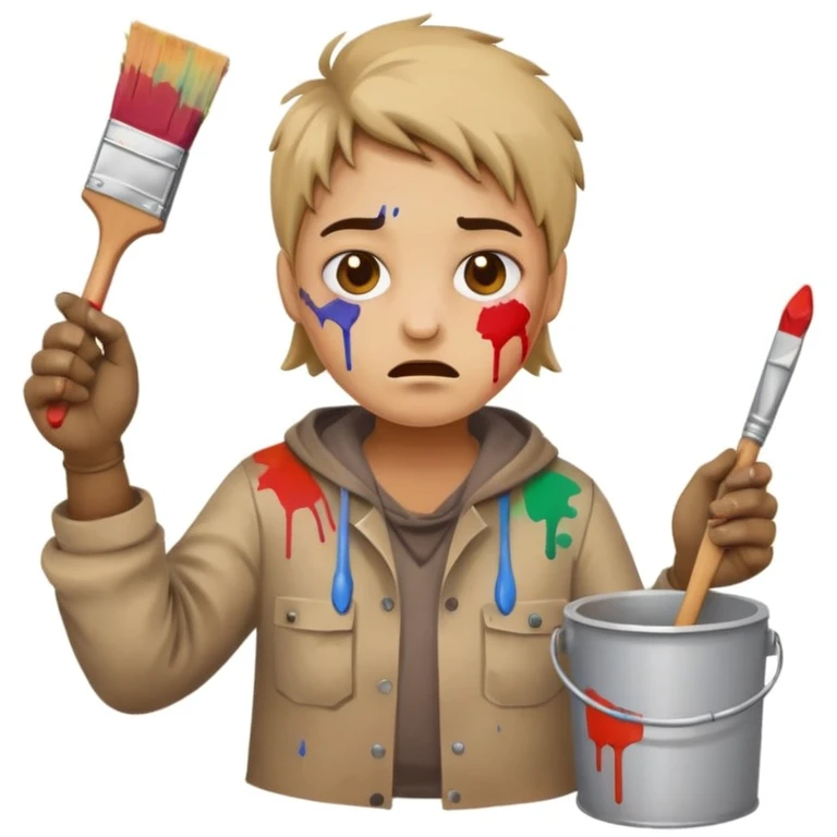 frustrated amateur painter emoji wearing dirty oversized clothes with paint stains, no protective gear, holding a broken brush, paint splatters on face and hands, messy room emoji