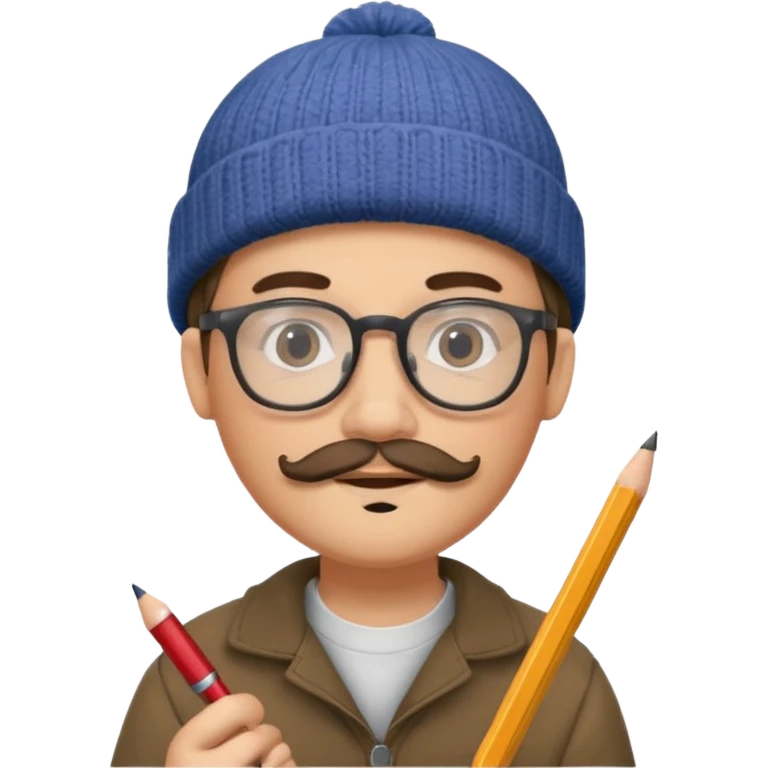 A creative young man with a pencil, glasses and a beanie. He holds a pen in his hand. He has a slight moustache and bit of a beard emoji