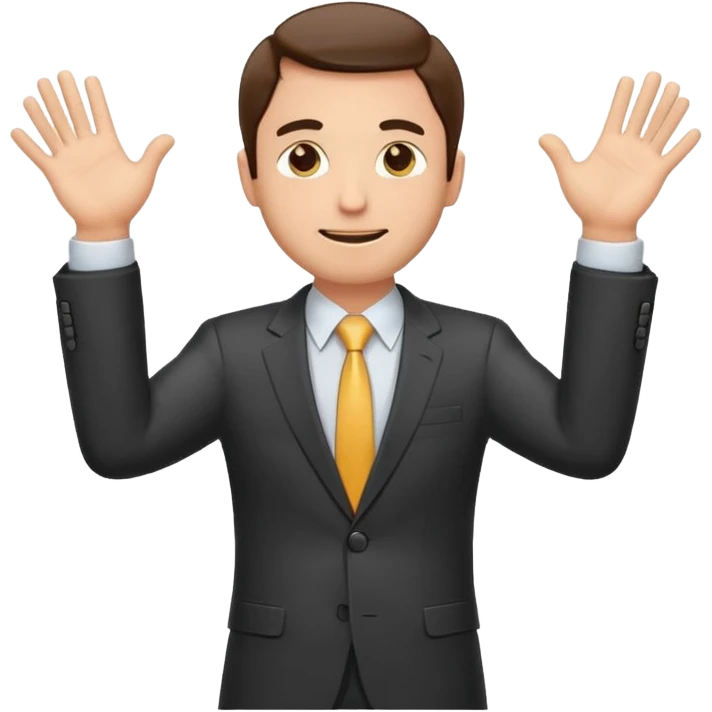 Sticker of a man in a business suit, front view, both arms extended straight in front of his body at chest level, elbows slightly bent, palms facing inward as if holding an invisible box, friendly expression, clean cartoon style, bold outlines, minimal background, emoji sticker style emoji