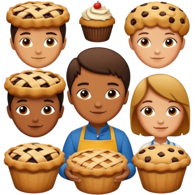 Baking community humanless avatar in vibrant style illustration. Pie, cookie, and muffin warm golden tones, simple shapes, flat design, high contrast. emoji