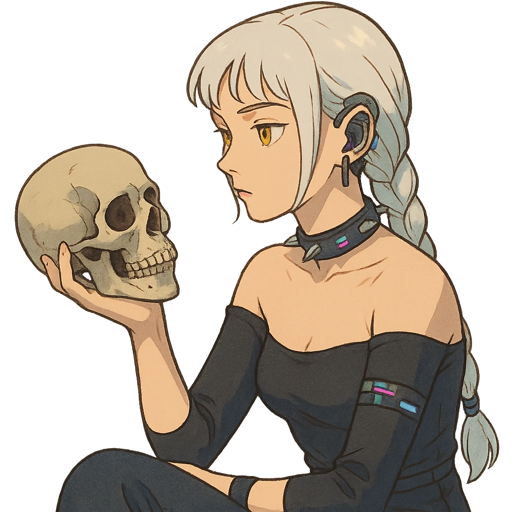 she is holding a skull, pondering as in shakespeare, a closeup portrait of young woman with gold yellow eyes, white hair, long braid, black off-shoulder top d-cup, punk gothic style, futuristic cyberwave cyberpunk, sitting position emoji